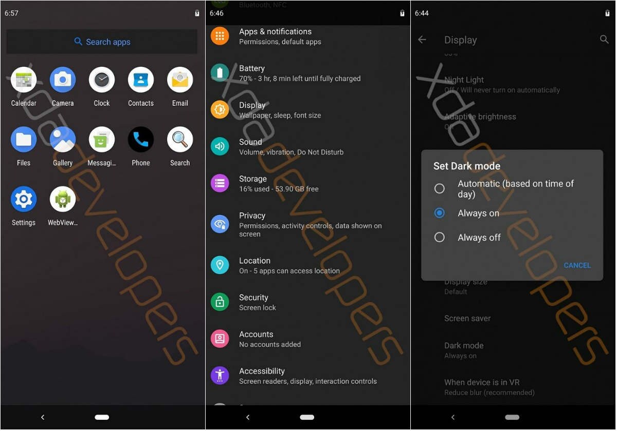 Android Q early build leak reveals system-wide dark mode. Image: XDA Developers