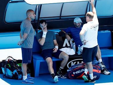 Tennis - Australian Open - Melbourne Park, Melbourne, Australia - January 10, 2019 - Britain's Andy Murray talks to staff at practice match against Serbia's Novak Djokovic . REUTERS/Kim Kyung-Hoon - RC1B9CC730D0