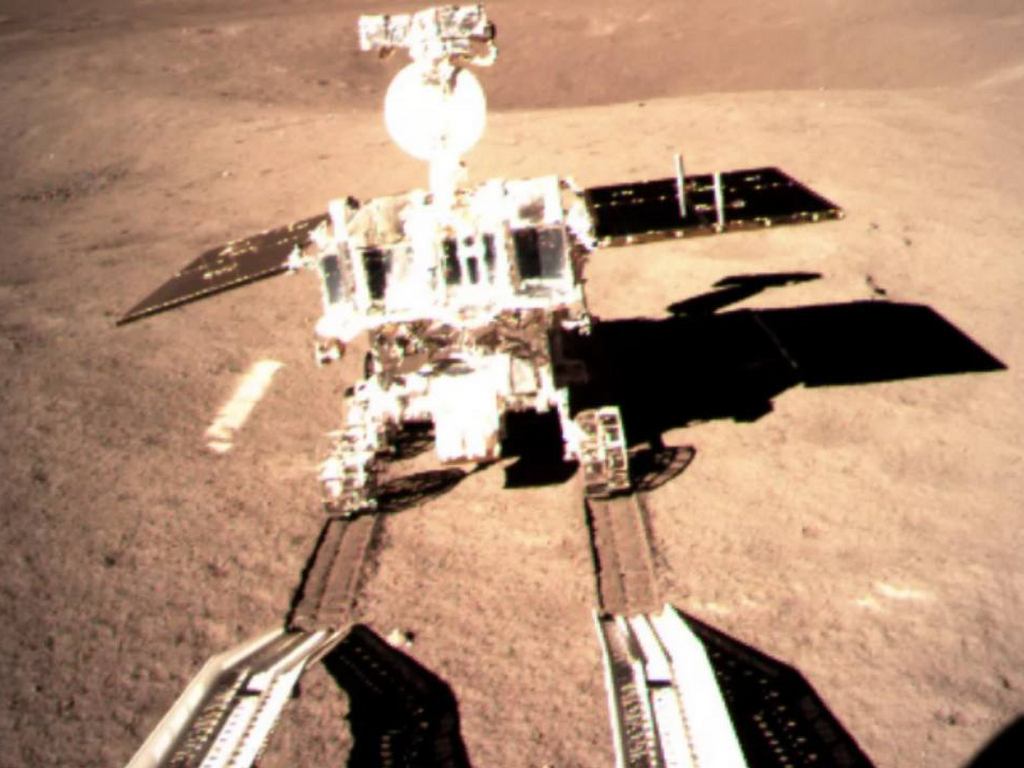 China's Jade Rabbit-2 rover making its first wheel tracks on the far side of the moon on 3 January, 2019, after rolling down from the Chang'e 4 lander. Image courtesy: CNSA