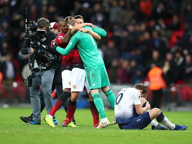 David de Gea (in green) celebrates with teammates after United's win over Spurs. Twitter @ManUtd