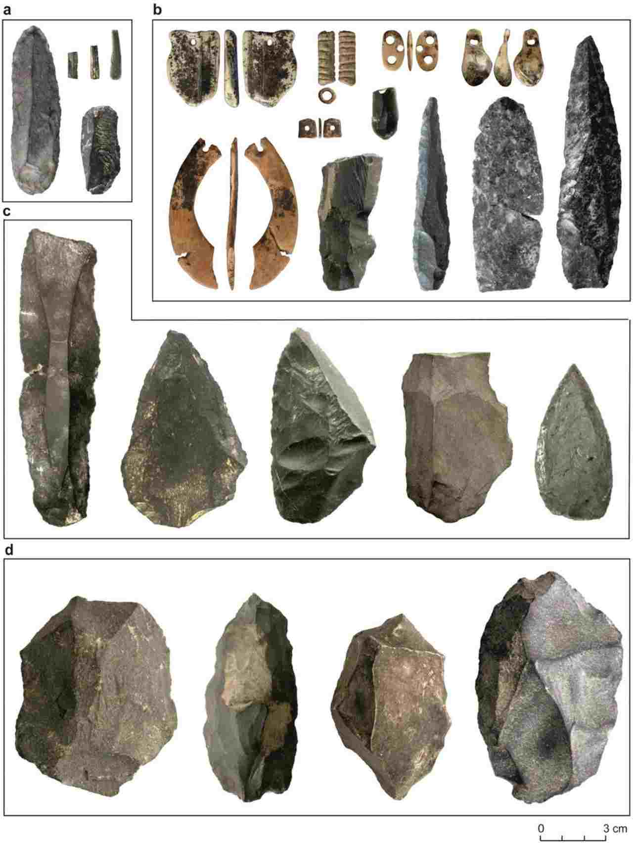 A selection of artefacts from Denisova Cave. a, Upper Palaeolithic; b, Initial Upper Palaeolithic; c, middle Middle Palaeolithic; and d, early Middle Palaeolithic. Image credit: Institute of Archaeology and Ethnography of the Siberian Branch of the Russian Academy of Sciences, Author provided