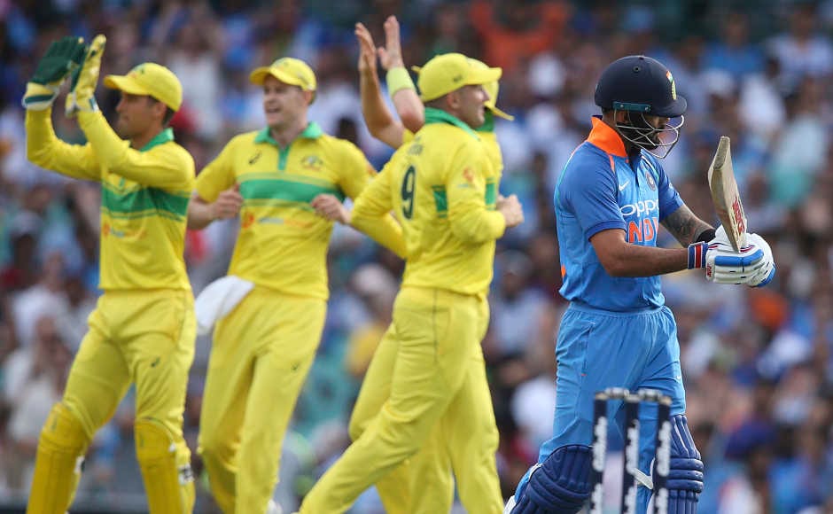 Australia got off to a great start in their defence of 289 runs as Jason Behrendorff first got rid of Shikhar Dhawan (0 off 1) before Jhye Richardson got the big scalp of Indian captain Virat Kohli to push India on back-foot. AP Australia got off to a great start in their defence of 289 runs as Jason Behrendorff first got rid of Shikhar Dhawan (0 off 1) before Jhye Richardson got the big scalp of Indian captain Virat Kohli to push India on back-foot. AP
