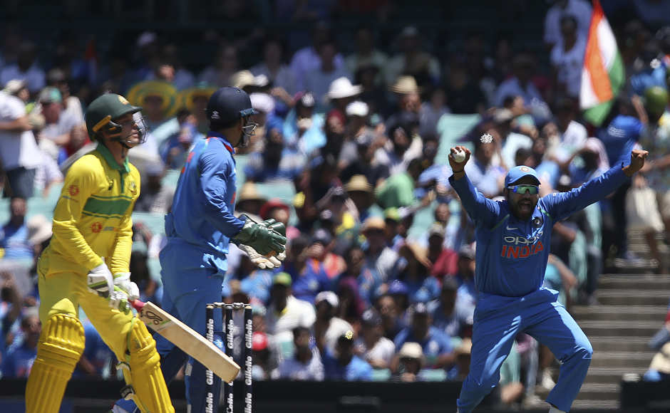 Australia got off to bad start after they chose to bat first. Aaron Finch went back after scoring just 6 off 11 balls before Alex Carey (left) departed after making 24 made off 31 balls. AP Australia got off to bad start after they chose to bat first. Aaron Finch went back after scoring just 6 off 11 balls before Alex Carey (left) departed after making 24 made off 31 balls. AP