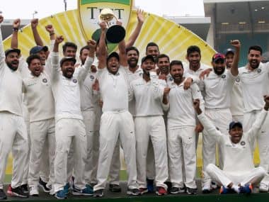 The Indian cricket team celebrate their series win over Australia. AP