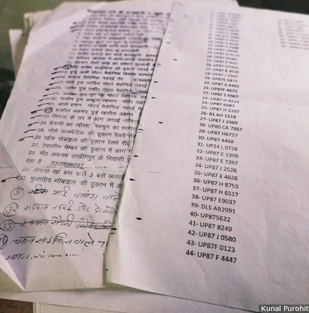 In Baddu Nagar, the Muslim-dominated locality that was the epicentre of the clashes in western UP's Kasganj city in January 2018, many homes and offices have maintained documents and other evidence of lengthy correspondence with the police. This document notes the license-plate numbers of motorcycles that Hindu youngsters left behind after the clashes. Image/Kunal Purohit