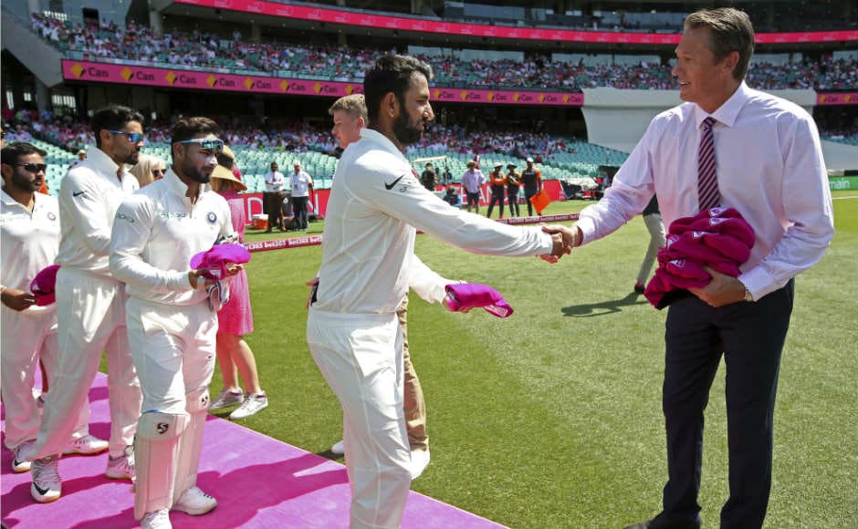The third day of fourth Test began with Indian cricketers presenting pink caps to former Australia pacer Glenn McGrath to support his charity. AP The third day of fourth Test began with Indian cricketers presenting pink caps to former Australia pacer Glenn McGrath to support his charity. AP
