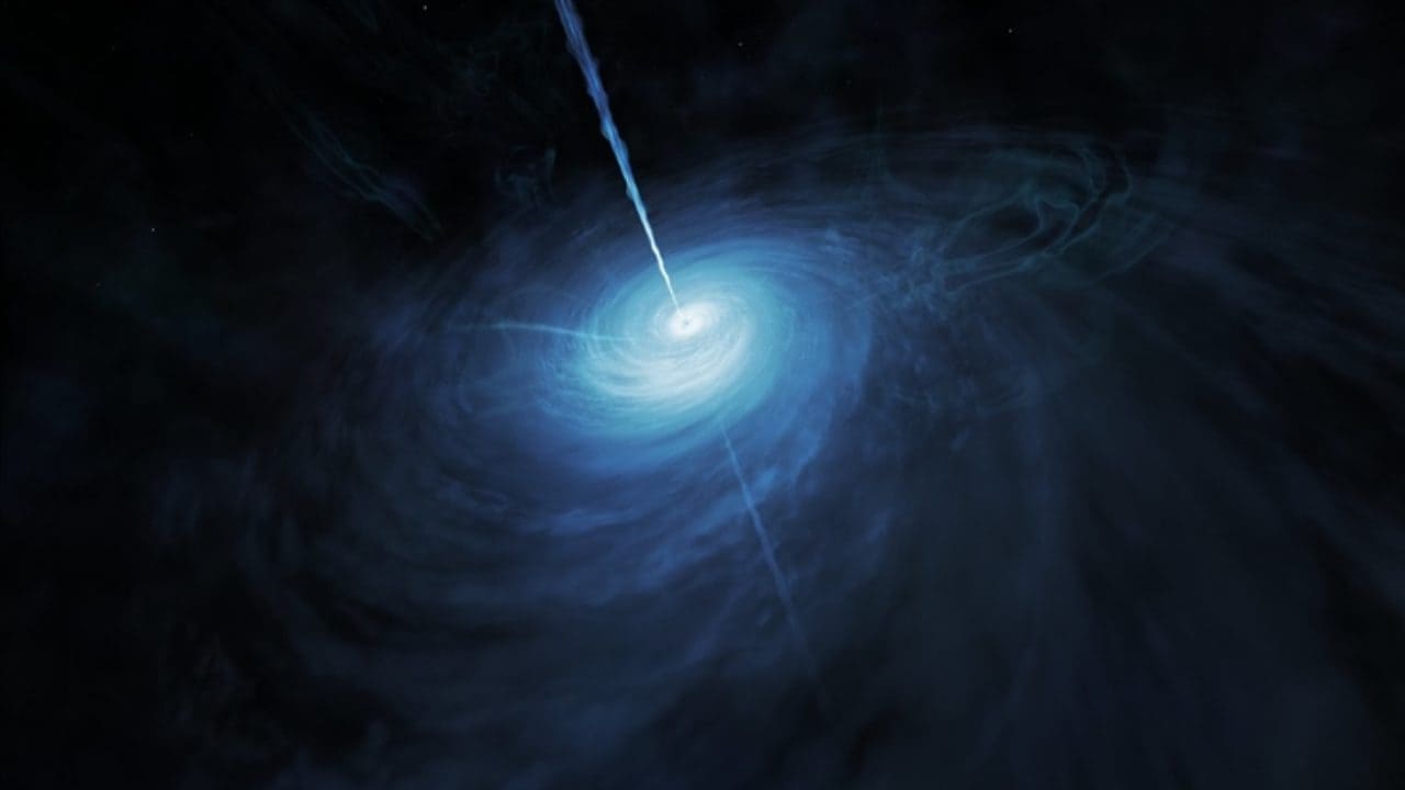 This artist's impression shows how J043947.08 + 163415.7, a very distant quasar fed by a supermassive black hole, can be seen nearby. This object is, by far, the most brilliant quasar that was still discovered in the early Universe. Image courtesy: NASA / ESA / Hubble