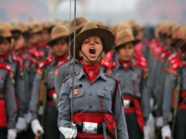 The all-women Assam Rifles contingent practices for the Republic Day parade. Reuters