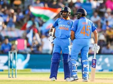 India’s Shikhar Dhawan and Rohit Sharma during the third one day international between India and New Zealand at Bay Oval, Tauranga, New Zealand, Monday, January 28, 2019. (AP Photo/John Cowpland)