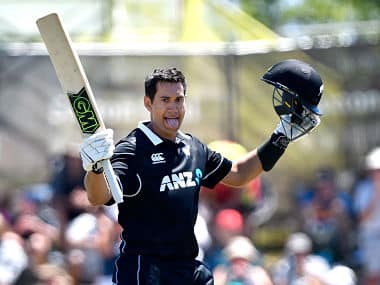 Ross Taylor celebrates after scoring century against Sri Lanka in 3rd ODI in Nelson. AFP