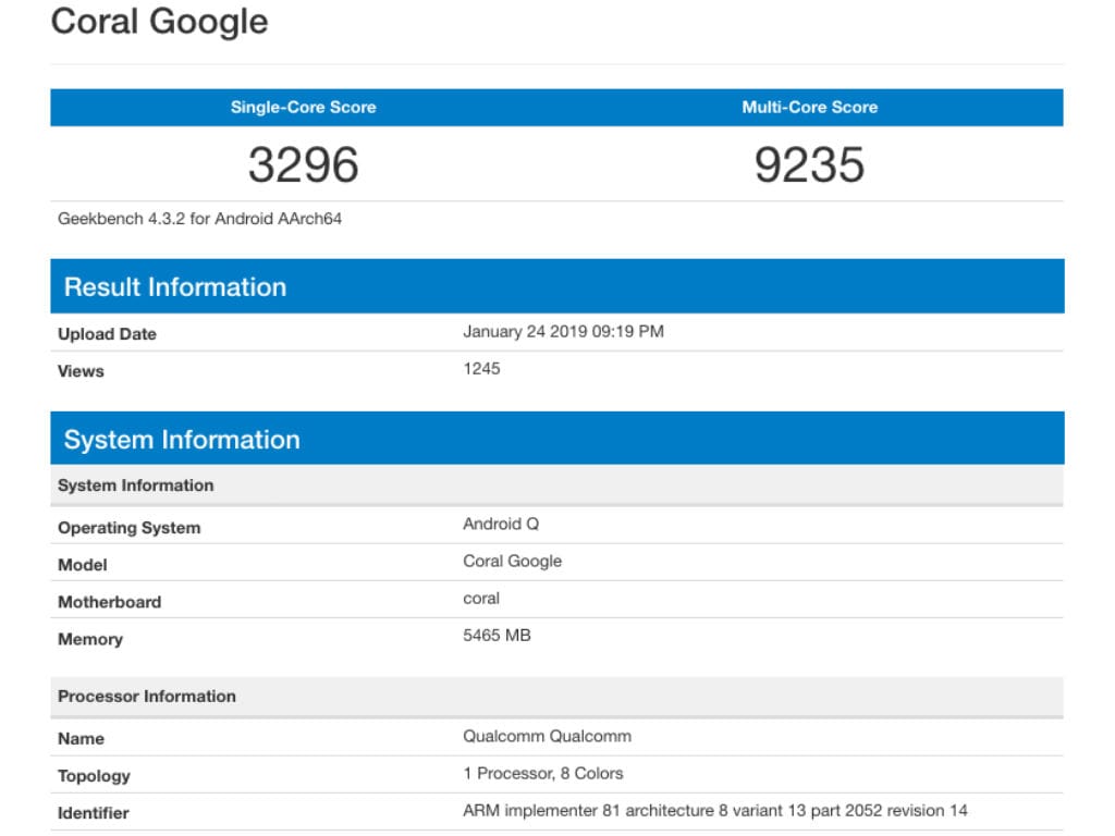 Mysterious device Google Coral spotted on Geekbench. Image: Geekbench