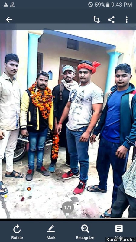 A screenshot showing Gavendra (second from left), one of the men arrested for Ghulam Mohammed’s lynching, garlanded by Thakur men from Soi village in western UP’s Bulandshahr upon his return from jail. Image/Kunal Purohit