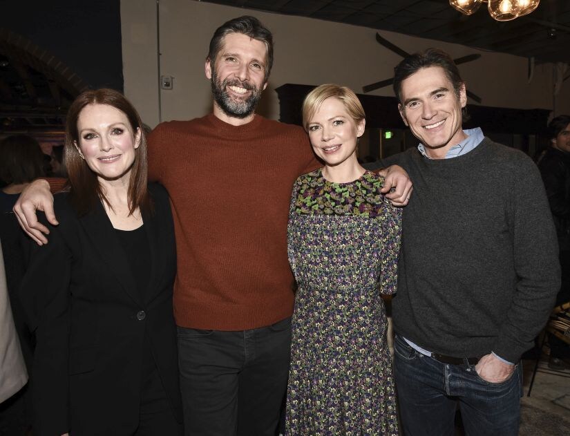 IMAGE DISTRIBUTED FOR CHASE SAPPHIRE - From left to right, actress Julianne Moore, director Bart Freundlich, actress Michelle Williams, and actor Billy Crudup seen at the Chase Sapphire hosted "After the Wedding" after party at Chase Sapphire on Main at Sundance Film Festival 2019 on Thursday January 24, 2019 in Park City, Utah. (Photo by Dan Steinberg/Invision for Chase Sapphire/AP Images)