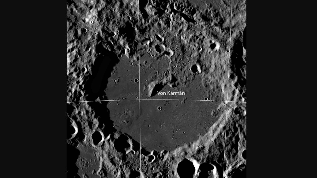 The Von Kármán crater (186 kilometres in diameter), is a treasure house of geologic landforms, and the landing site for the Chang'e-4 lander and rover. Image courtesy: NASA/GSFC/Arizona State University.