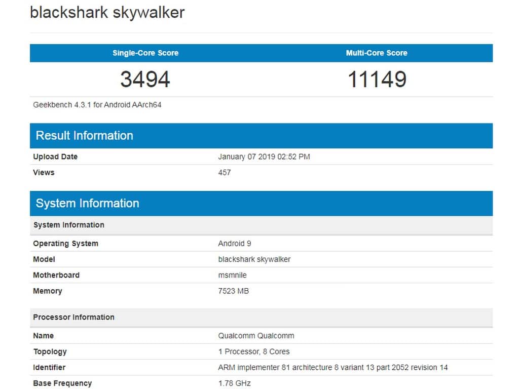Xioami Blackshark Skywalker. Image: Geekbench