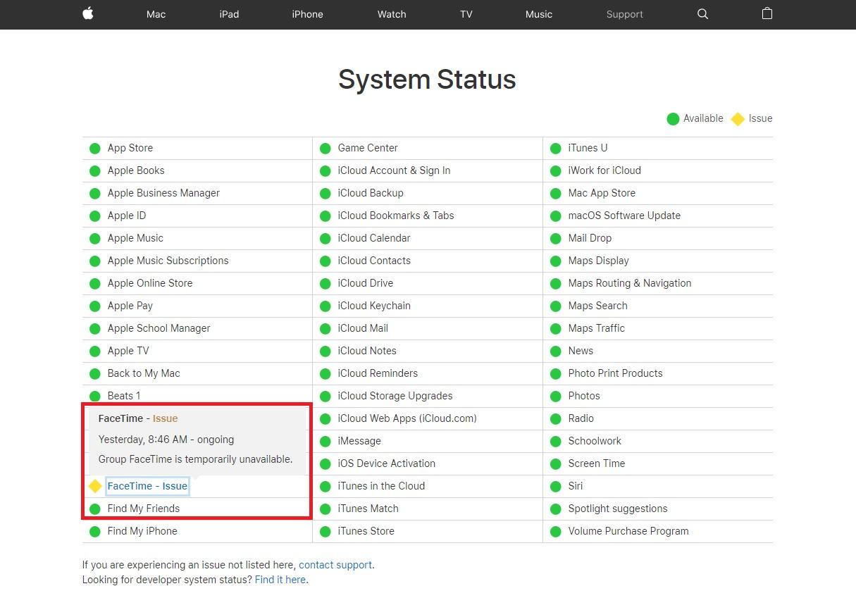 Apple system status Web page shows FaceTime as temporarily unavailable. Image: Apple