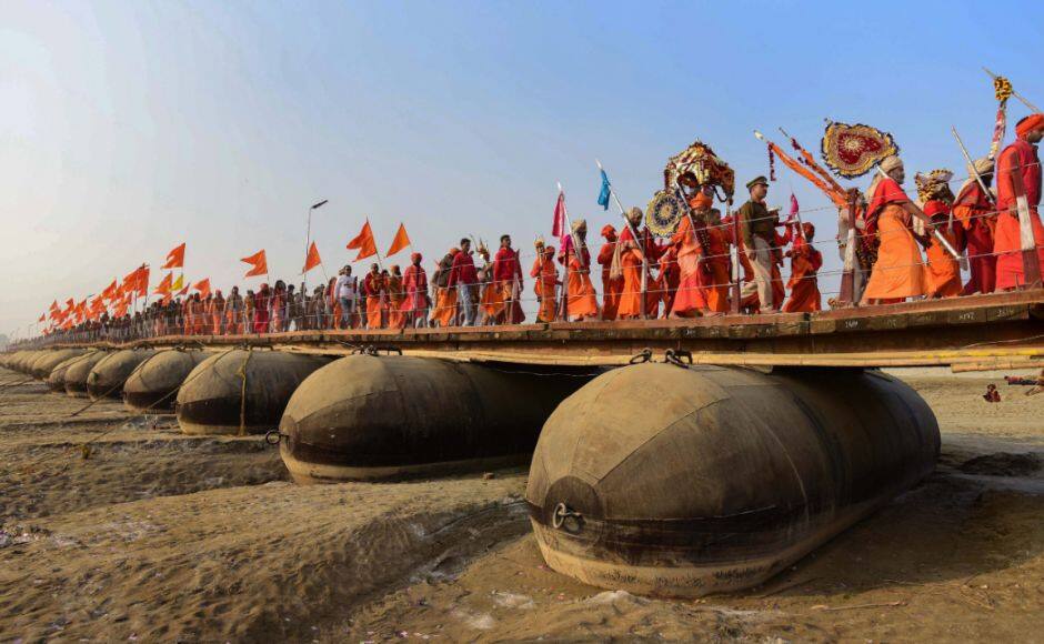 Sadhus of the Shri Panchayati Taponidhi Niranjani Akhada took out the Peshwai procession for the Kumbh Mela 2019 in Allahabad on Wednesday. PTI