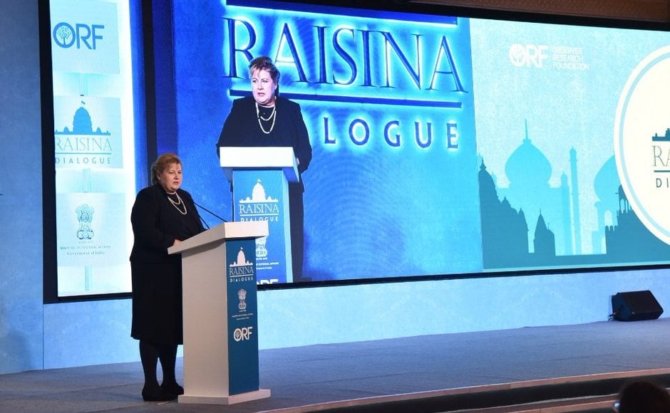 The inaugural address at the dialogue was delivered by Norwegian prime minister Erna Solberg in the presence of Prime Minister Narendra Modi and External Affairs Minister Sushma Swaraj. Image courtesy: Twitter @raisinadialogue The inaugural address at the dialogue was delivered by Norwegian prime minister Erna Solberg in the presence of Prime Minister Narendra Modi and External Affairs Minister Sushma Swaraj. Image courtesy: Twitter @raisinadialogue