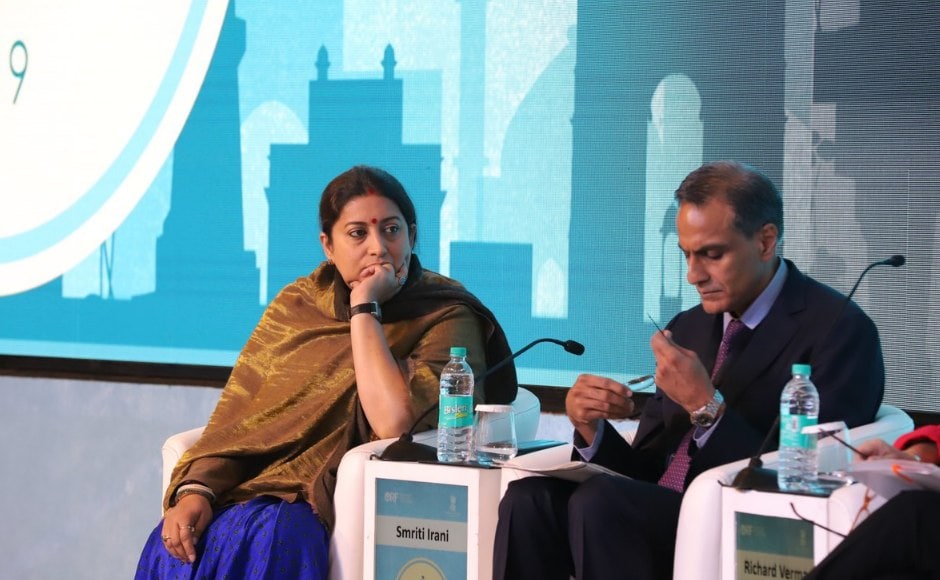 Other global leaders taking part in the conference include former Italian prime minister Paolo Gentiloni, former Canadian prime minister Stephen Harper, former Swedish prime minister Carl Bildt. Seen here is Union Minister Smriti Irani taking part in a panel discussion at the summit. Image courtesy: Twitter @raisinadialogue Other global leaders taking part in the conference include former Italian prime minister Paolo Gentiloni, former Canadian prime minister Stephen Harper, former Swedish prime minister Carl Bildt. Seen here is Union Minister Smriti Irani taking part in a panel discussion at the summit. Image courtesy: Twitter @raisinadialogue