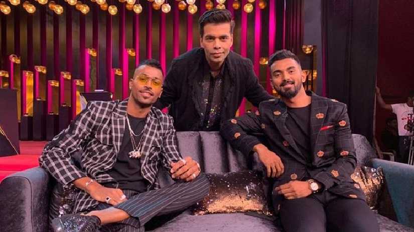 Hardik Pandya and KL Rahul with host Karan Johar. Image from Twitter