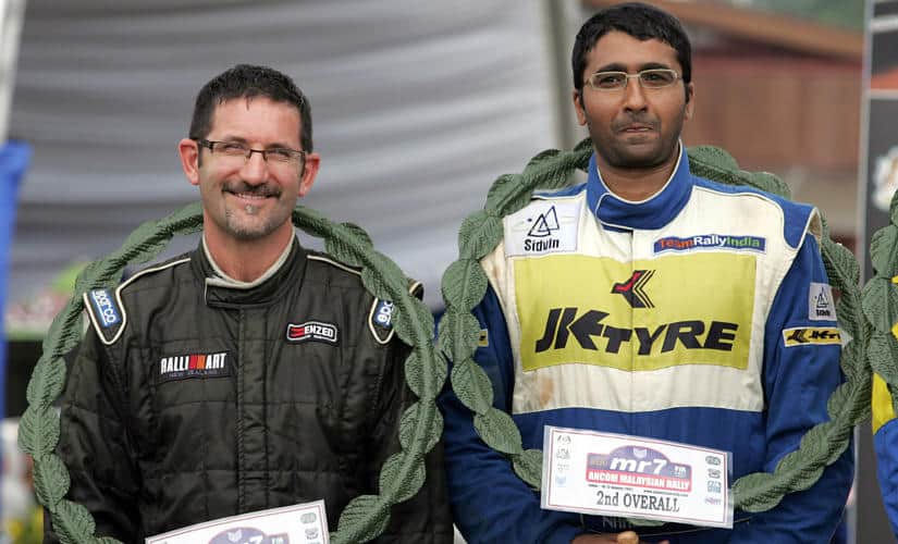 File image of Naren Kumar (L) and co-driver New Zealand's Jeff Judd of Team Rally India. AFP