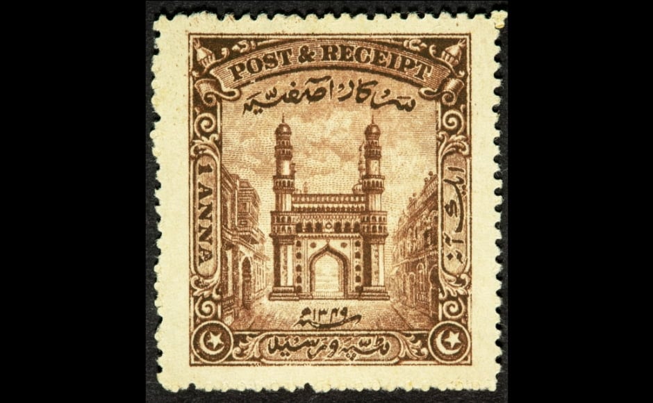 In the exhibit presented by The Gujral Foundation will be several commemorative pictoral stamps that featured prominent monuments representative of the Nizam's dominion. This commemorative stamp featuring the Charminar was issued in 1931. Image courtesy: The Ewari Collection In the exhibit presented by The Gujral Foundation will be several commemorative pictoral stamps that featured prominent monuments representative of the Nizam's dominion. This commemorative stamp featuring the Charminar was issued in 1931. Image courtesy: The Ewari Collection