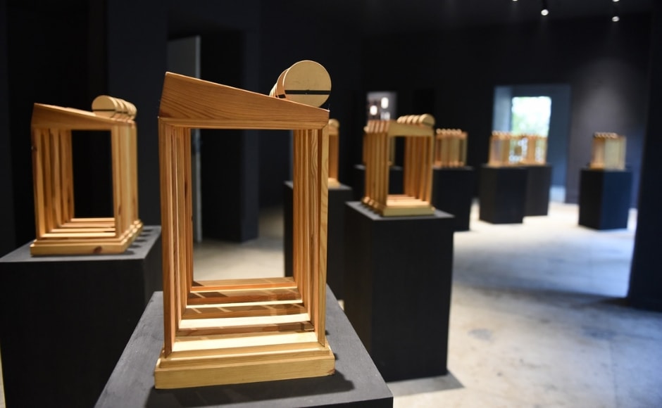 <em>It dissolves perfection</em>, one of the exhibits on display, is an installation composed of sixty identical frames, each equipped with a disc that the viewer can interact with. The mechanics of the disc are said to be inspired by a folk toy. Image courtesy Astha Butail studio and The Gujral Foundation <em>It dissolves perfection</em>, one of the exhibits on display, is an installation composed of sixty identical frames, each equipped with a disc that the viewer can interact with. The mechanics of the disc are said to be inspired by a folk toy. Image courtesy Astha Butail studio and The Gujral Foundation