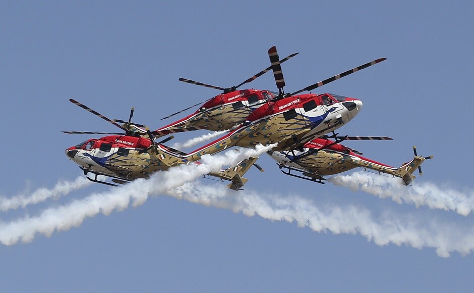 IAF’s helicopter aerobatic team Sarang put up a delightful performance for the thousands of people in the crowds, ending the display with a split manoeuvre. AP IAF’s helicopter aerobatic team Sarang put up a delightful performance for the thousands of people in the crowds, ending the display with a split manoeuvre. AP