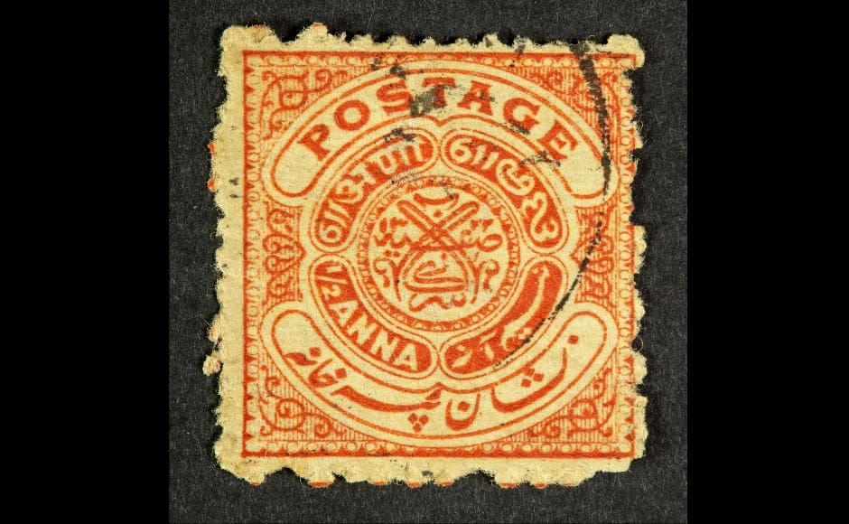 A stamp priced at <em>aadha anna</em> in the princely state. The exhibit, Property of a Gentleman: Stamps from the Nizam of Hyderabad’s Dominions, exhibits these stamps which were not only created for practical use but also as a way of celebrating the material heritage and culture of the region. Image courtesy: The Ewari Collection A stamp priced at <em>aadha anna</em> in the princely state. The exhibit, Property of a Gentleman: Stamps from the Nizam of Hyderabad’s Dominions, exhibits these stamps which were not only created for practical use but also as a way of celebrating the material heritage and culture of the region. Image courtesy: The Ewari Collection