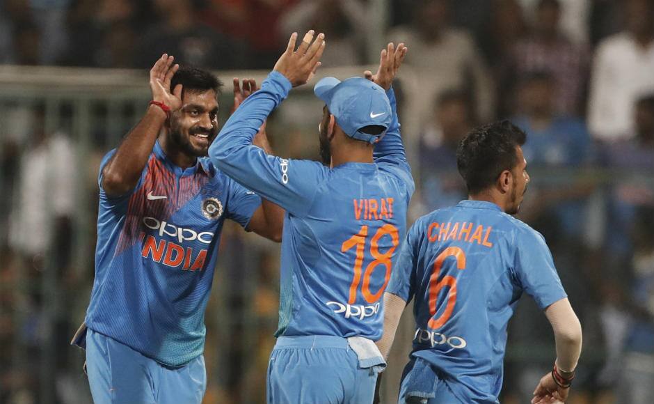 Vijay Shankar celebrates after removing Australia captain Aaron Finch cheaply. AP
