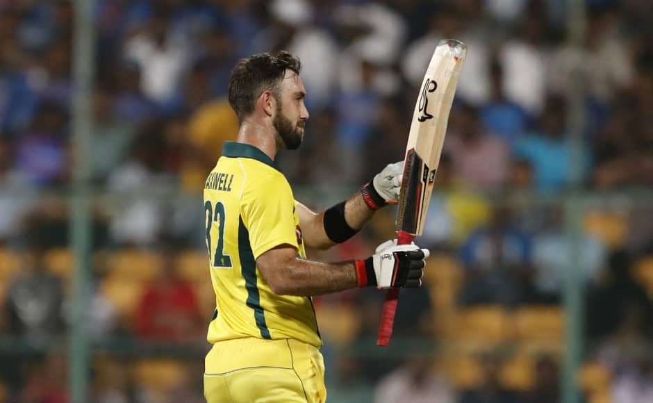 Glenn Maxwell celebrates after bringing up his century. AP
