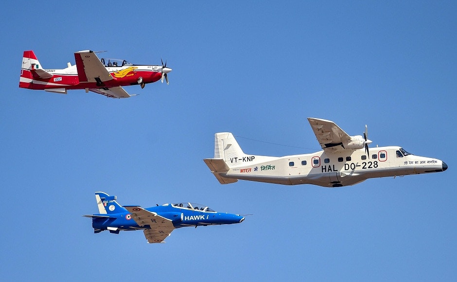 Sixty-one aircraft registered for flying and static display this year, while 373 aerospace firms registered for participation in the expo. Seen here are training aircraft Dornier, Hawk and HTT-40 in a flypast. PTI Sixty-one aircraft registered for flying and static display this year, while 373 aerospace firms registered for participation in the expo. Seen here are training aircraft Dornier, Hawk and HTT-40 in a flypast. PTI