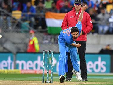 Bhuvneshwar Kumar in action against New Zealand in 1st T20I at Wellington. AFP