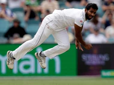 Sri Lanka’s Chamika Karunaratne follows through while bowling to Australia during second Test in Canberra. AP