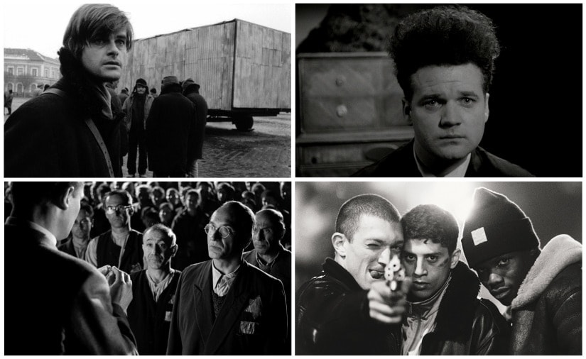 (Clockwise from top left) Stills from Werckmeister Harmonies, Eraserhead, La Haine and Schindler's List