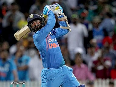 India’s Dinesh Karthik bats during their twenty/20 cricket international against New Zealand at Seddon Park in Auckland, New Zealand, Sunday, Feb. 10, 2019. (AP Photo/David Rowland)