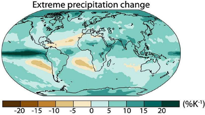 Change in (top) variability of daily precipitation and (bottom) extreme precipitation simulated by climate models for 2100 compared to recent decades. Greens denote increasing variability. Climate models project an increase in variability as well as extremes almost everywhere, with India seeing some of the largest increases over land areas. Credit: Courtesy of Angeline Pendergrass; figures from Pendergrass et al, Scientific Reports 2017. Used under CC BY 4.0.
