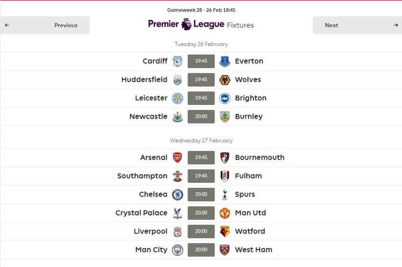 Gameweek 28 fixtures