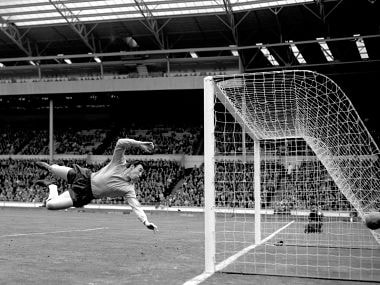 File photo of Gordon Banks making a save against Hungary at Wembley in 1965. AP Photo