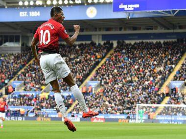 Manchester United’s Marcus Rashford celebrates after scoring against Leicester City. AFP