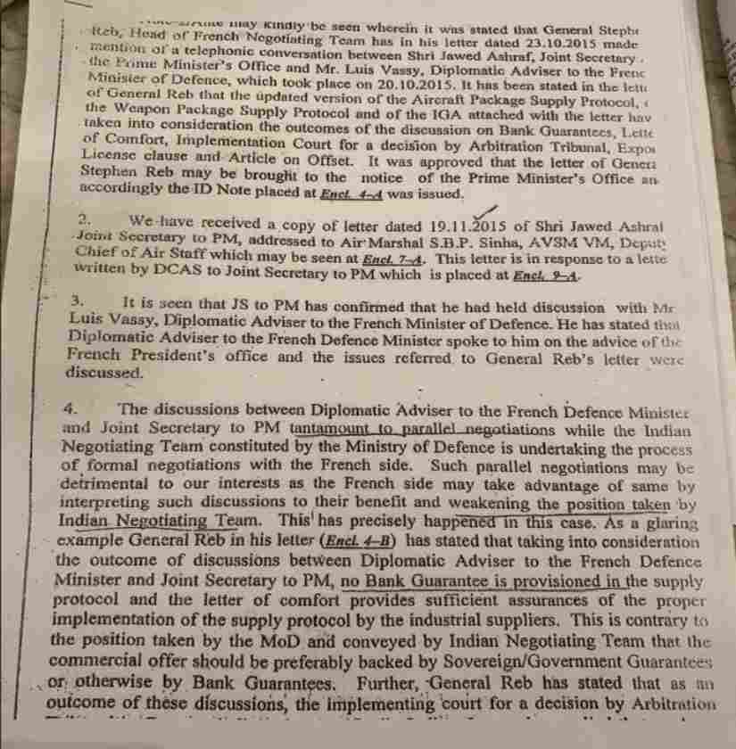 The portion of the dissent note sent by the Ministry of Defence to the Prime Minister’s Office in 2015, that was tweeted by Congress’s Manish Tewari on Saturday. Twitter/@ManishTewari 