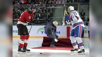 Axed Manchester United manager Jose Mourinho endures embarrassing slip up at ice hockey game in Russia