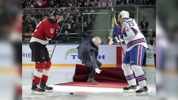 Axed Manchester United manager Jose Mourinho endures embarrassing slip up at ice hockey game in Russia