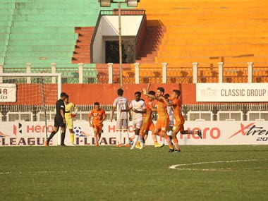 NEROCA players celebrate a goal against Chennai City FC. Image courtesy: I-League