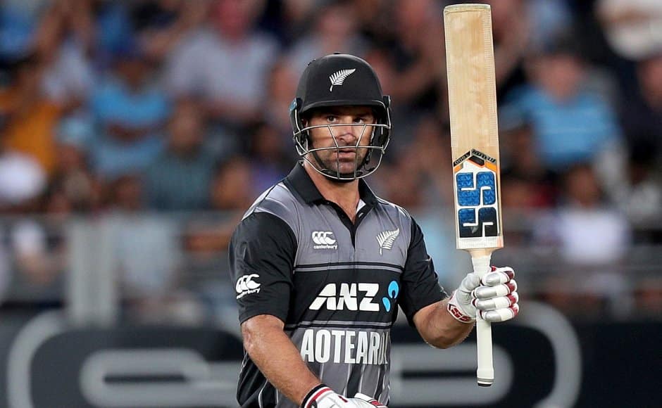 New Zealand’s Colin de Grandhomme acknowledges 50 runs just before being caught by India’s Rohit Sharma during their twenty/20 cricket international at Eden Park in Auckland, New Zealand, Friday, Feb. 8, 2019. (AP Photo/David Rowland)