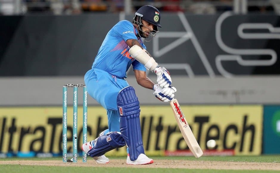India’s Shikhar Dhawan bats during their twenty/20 cricket international at Eden Park in Auckland, New Zealand, Friday, Feb. 8, 2019. (AP Photo/David Rowland)