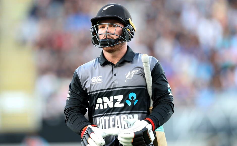 New Zealand’s Tim Seifert leaves the field having been caught by India’s MS Dhoni for 12 runs during their twenty/20 cricket international at Eden Park in Auckland, New Zealand, Friday, Feb. 8, 2019. (AP Photo/David Rowland)