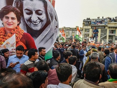 A hoarding with the picture of Priyanka Gandhi Vadra along with Indira Gandhi during the Lucknow road show. PTI