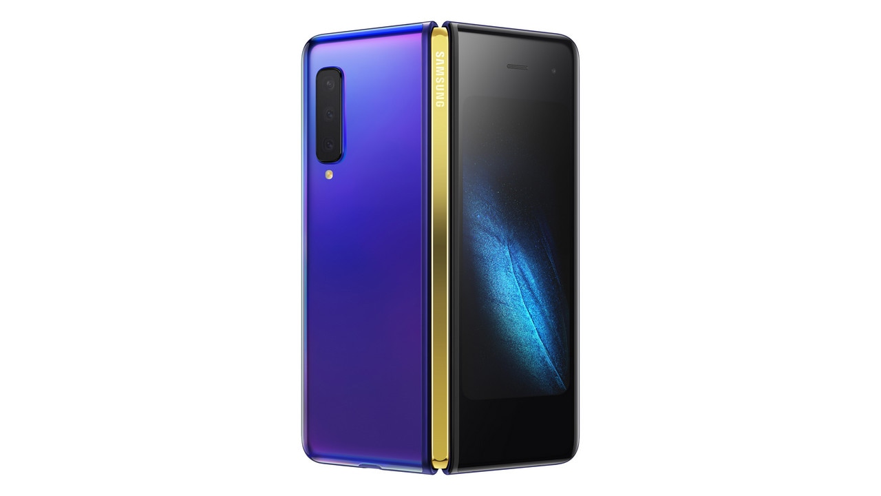 The Samsung Galaxy Fold features a unique folding mechanical hinge (yellow). Image: Samsung