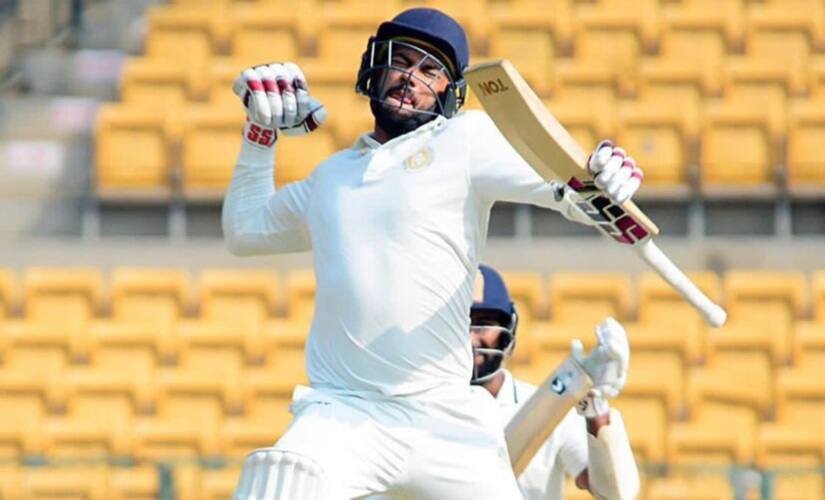 Sheldon Jackson leaps in joy after scoring a century in the semi-finals against Karnataka. Image courtesy: Twitter @ShelJackson27